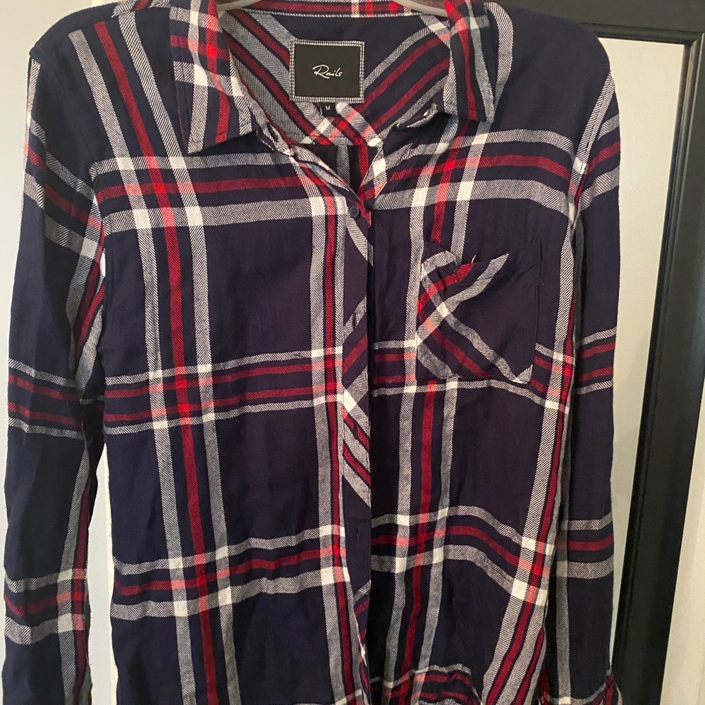 Rails red white abs blue flannel button down